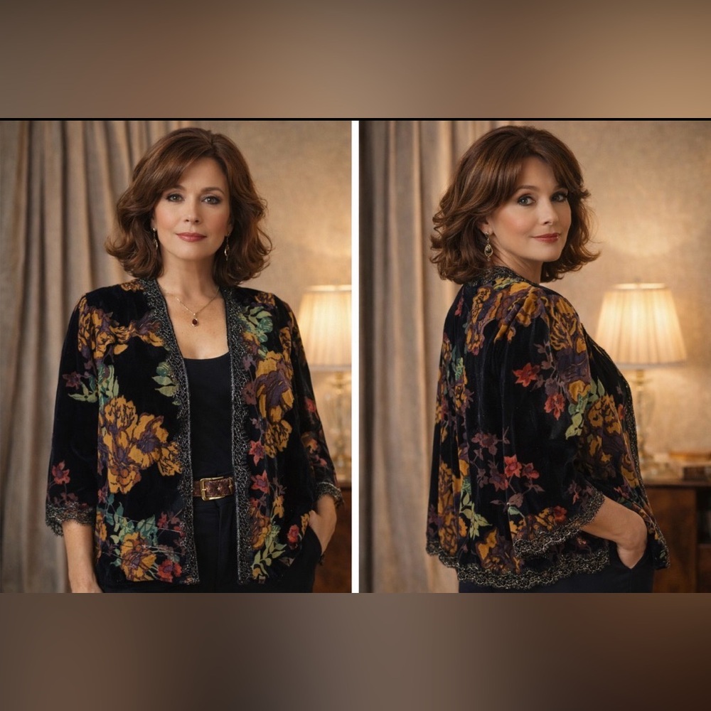 *Retro- Floral Black and Multicolor Women's velvet burnout shrug -M
